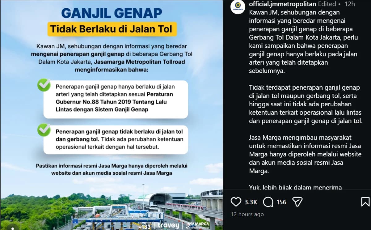 Tangkapan layar akun @official.jmmetropolitan soal gage tol.