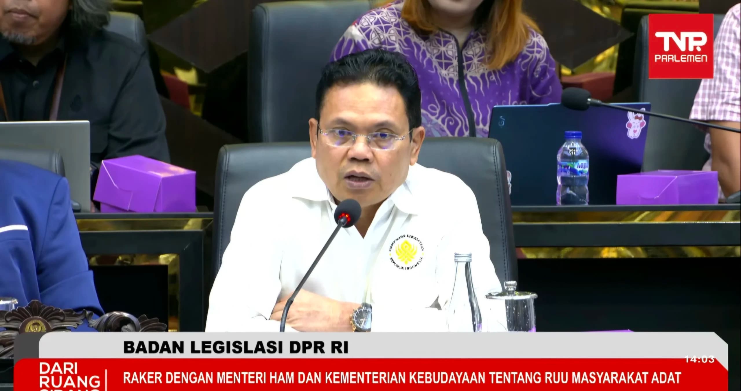 Direktur Jenderal Pelindungan Kebudayaan dan Tradisi Kementerian Kebudayaan Restu Gunawan di gedung DPR, 15 Juli 2026.