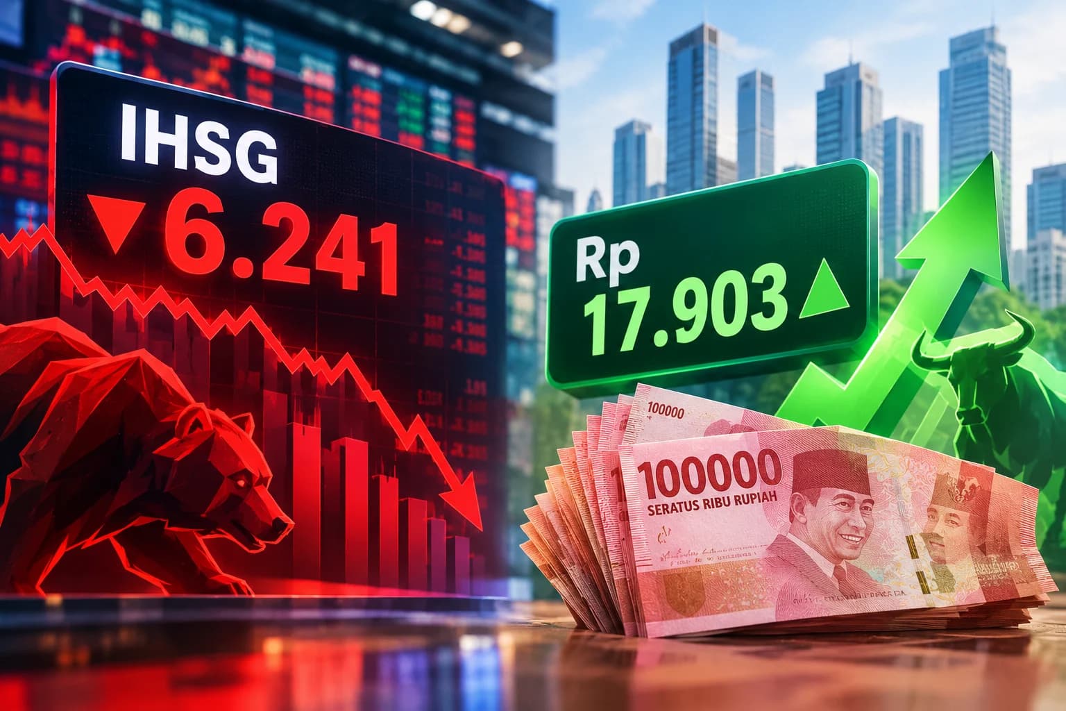 IHSG melemah dan Rupiah Menguat diakhir pekan. (Sumber: Dibuat AI)