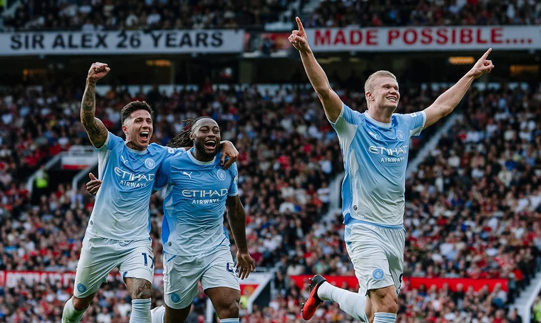 Pemain Manchester City Erling Haaland merayakan kemenangan dalam pertandingan melawan Manchester United, 12 September 2026.