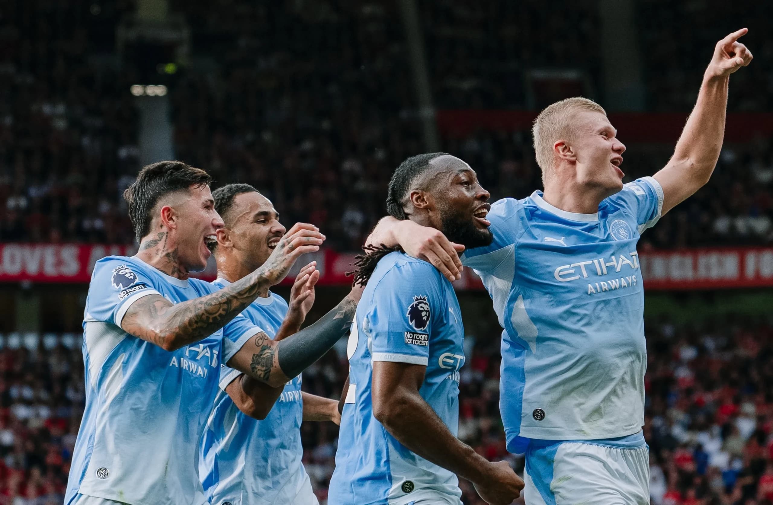 Pemain Manchester City merayakan gol dalam derbi melawan Manchester United, 12 September 2026.