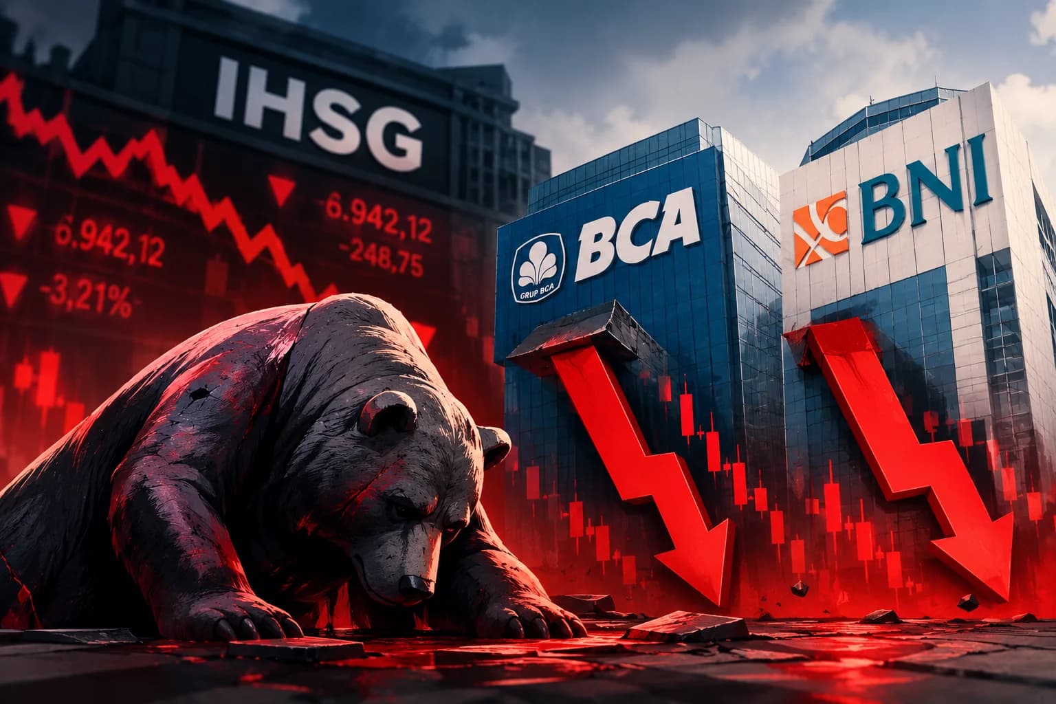 Saham Big Bank BCA-BNI Kompak Berguguran. (Sumber: Dibuat AI)