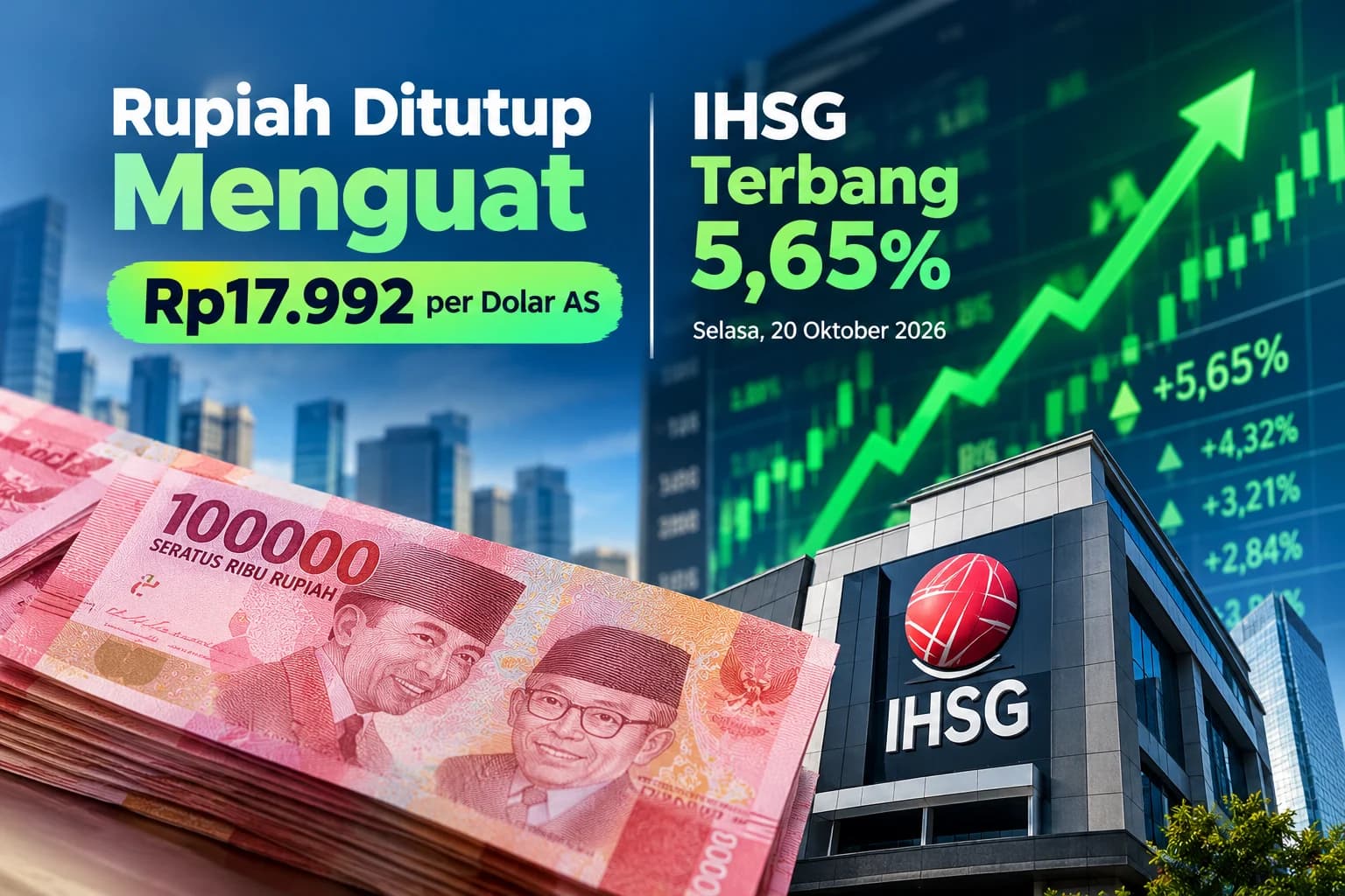 Rupiah dan IHSG kompak menghijau di penutupan, Selasa, 20 Oktober 2026. (Sumber: Dibuat AI)