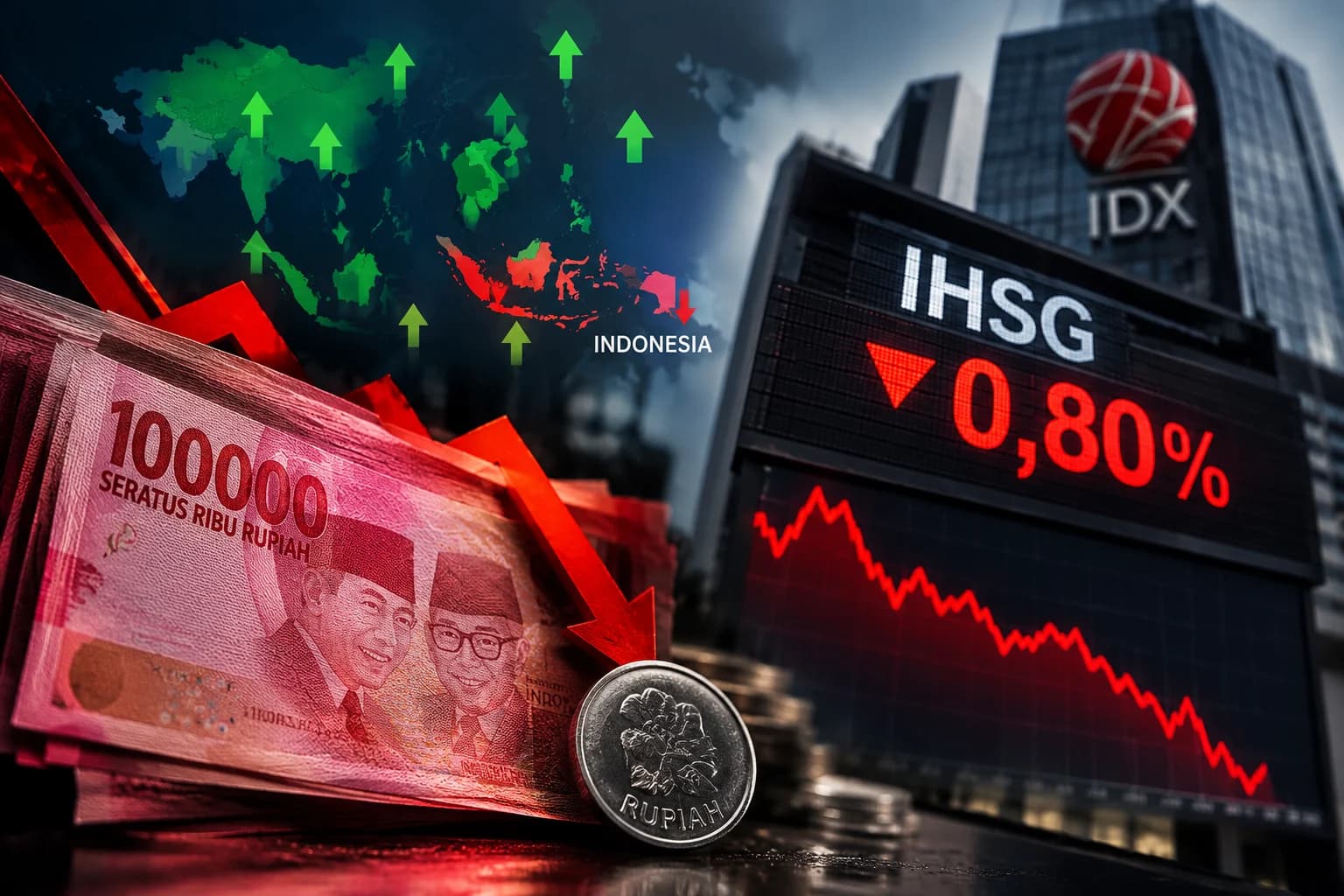 Akhir Pekan Rupiah Ditutup Melemah Sendirian di Asia ke Rp18.147, IHSG Merosot 0,80%. (Sumber: Dibuat AI)