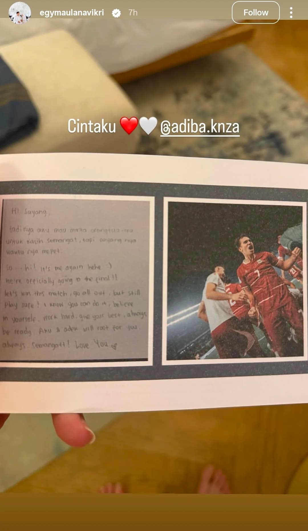 Pemain Timnas Indonesia Egy Maulana Vikri mengunggah surat dari sang istri.