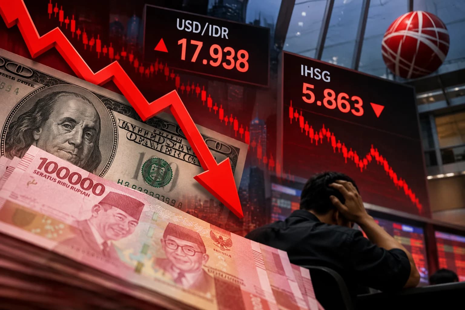 Rupiah dan IHSH merah di penutupan Kamis 15 Oktober 2026. (Sumber: Dibuat AI)