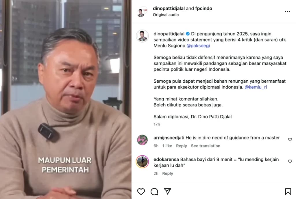 Potongan gambar dari instagram dinopattidjalal terkait kritik kepada Menlu Sugiono. (Sumber: Instagram/Dinopattidjalal)