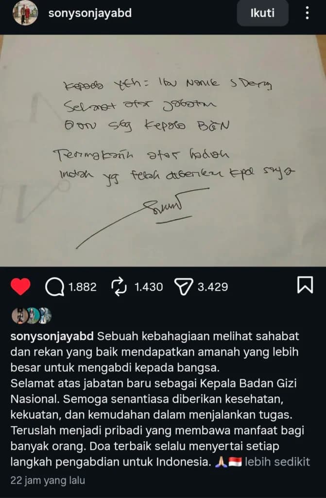 Bukan Selamat Biasa, Ada Udang di Balik Surat ‘Hadiah Indah’ Eks Wakil BGN Sony Sanjaya