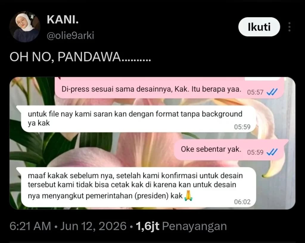 isi pesan dengan pihak percetakan Pandawa 24 Jam (Foto/X @olie9arki)