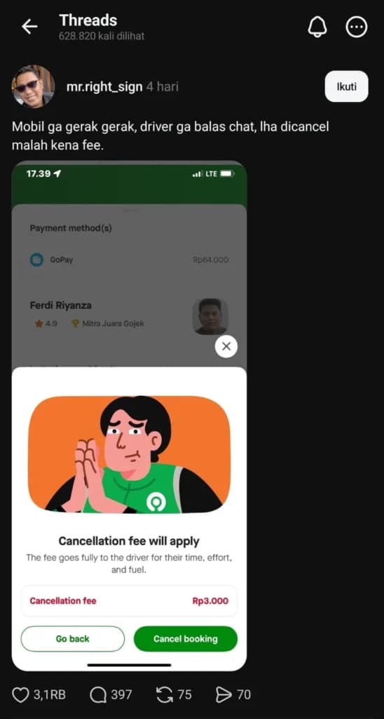 Tangkapan layar salah satu pengguna aplikasi gojek di media sosial threads @mr.right_sign.