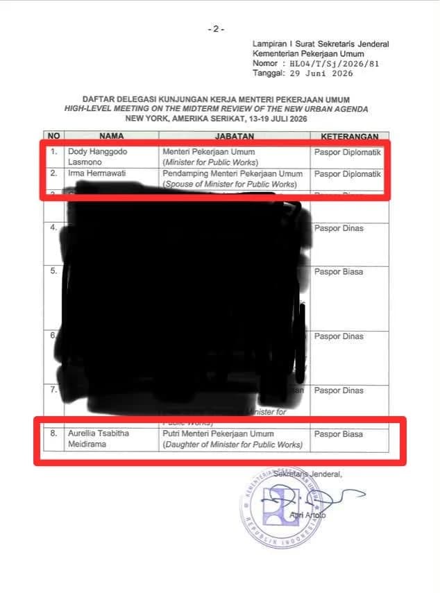 Unggahan akun X @bilbills_ soal foto yang diduga sebagai surat yang memuat daftar delegasi kunjungan kerja Menteri Pekerjaan Umum (PU) Dody Hanggodo Lasmono ke New York, Amerika Serikat, tercantum nama istri dan anak Menteri PU.