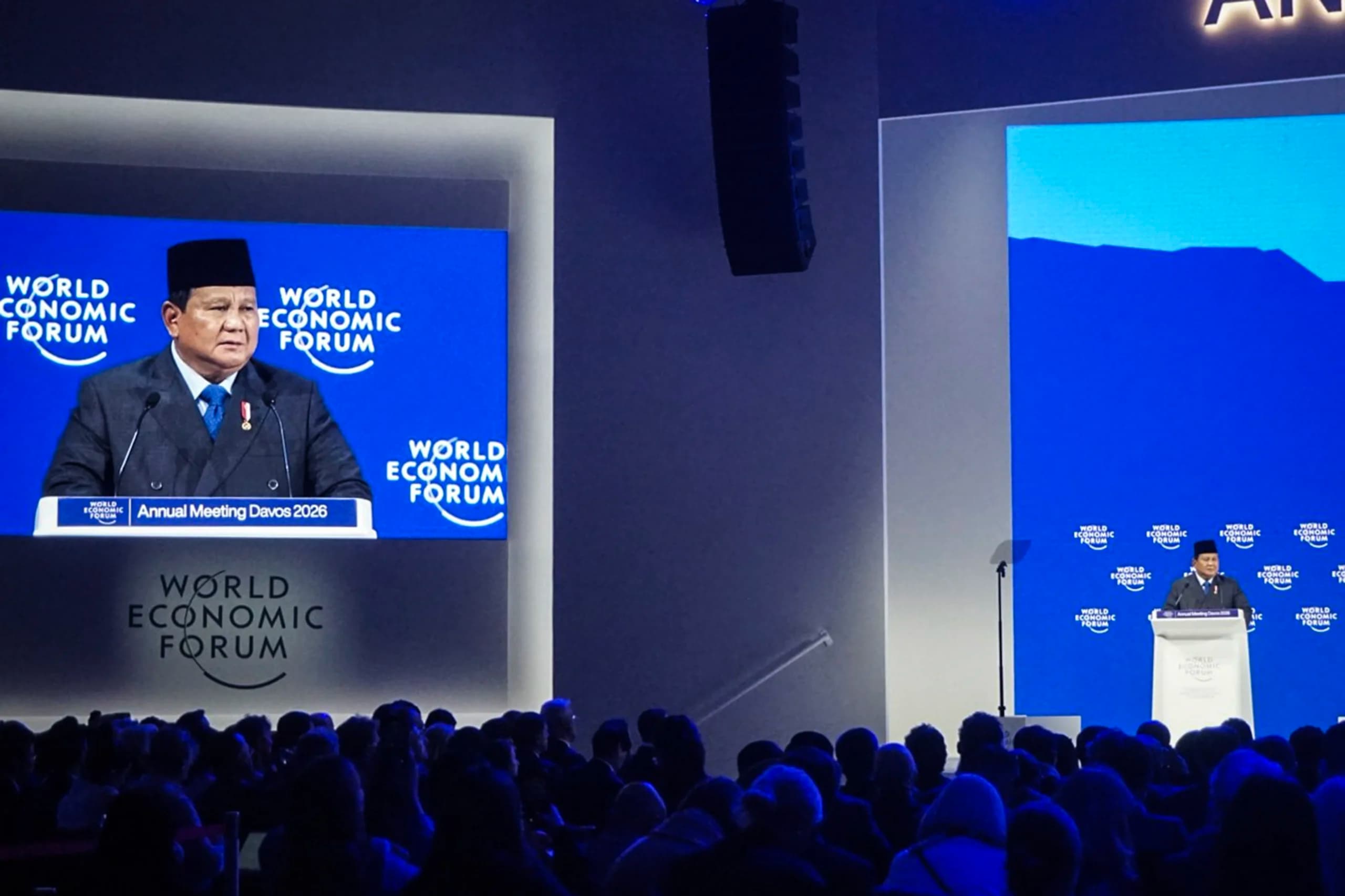 Presiden Prabowo Subianto menyampaikan pidato saat World Economic Forum (WEF) 2026 di Congress Hall, Davos, Swiss, Kamis (22/1/2026). Presiden Prabowo Subianto menyampaikan pidato saat World Economic Forum (WEF) 2026 di Congress Hall, Davos, Swiss, Kamis (22/1/2026).