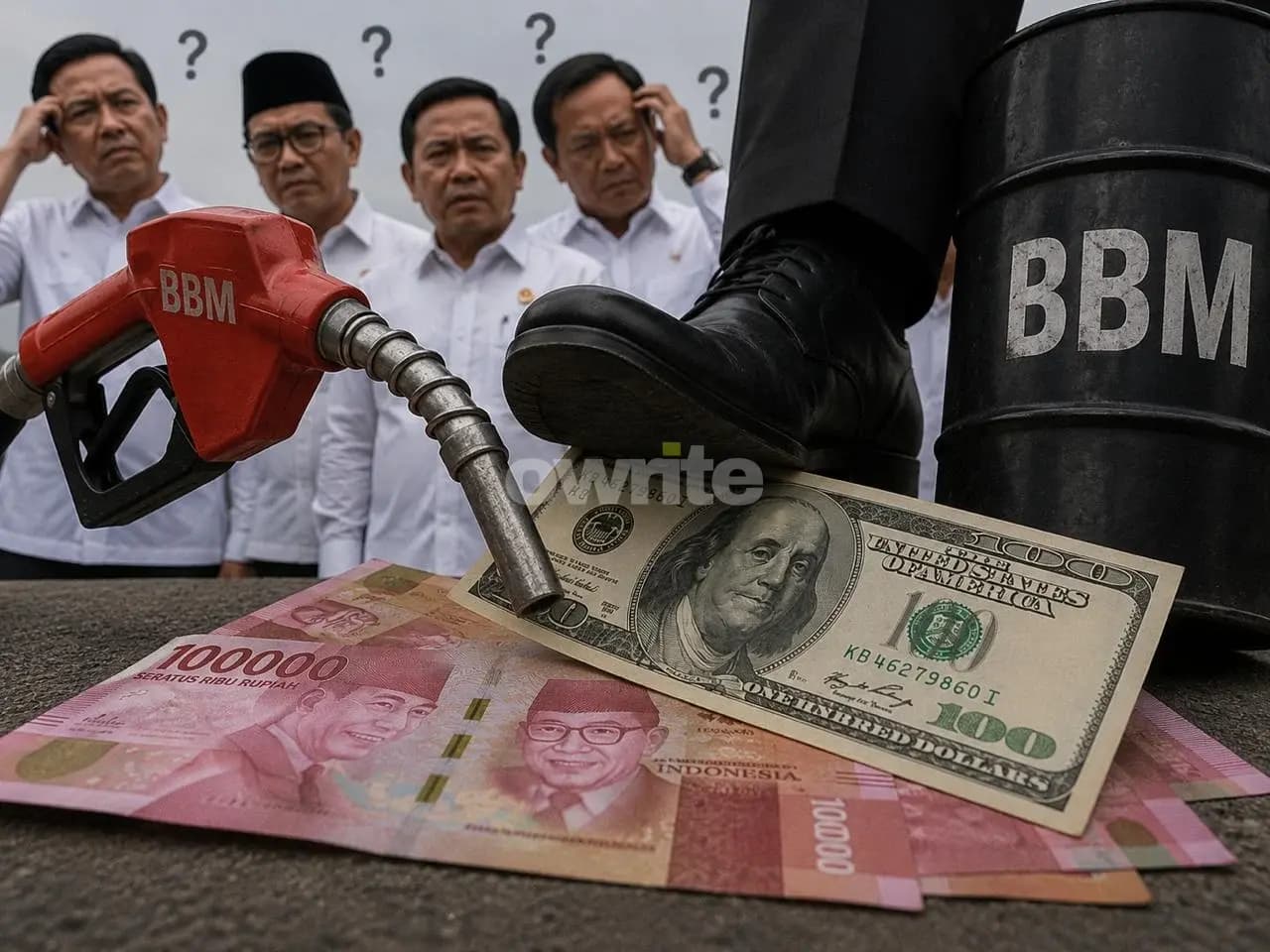 Ilustrasi BBM dan uang dolar AS dan rupiah. Ilustrasi BBM dan uang dolar AS dan rupiah.