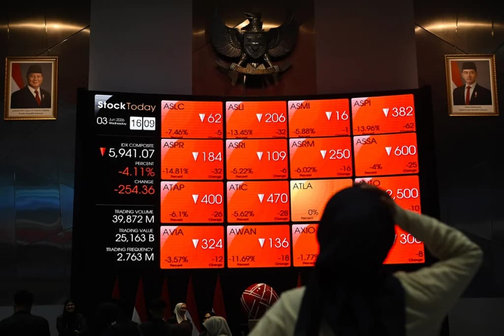 Warga mengamati layar digital pergerakan Indeks Harga Saham Gabungan (IHSG) di Bursa Efek Indonesia, Jakarta, Rabu (3/6/2026). Warga mengamati layar digital pergerakan Indeks Harga Saham Gabungan (IHSG) di Bursa Efek Indonesia, Jakarta, Rabu (3/6/2026).