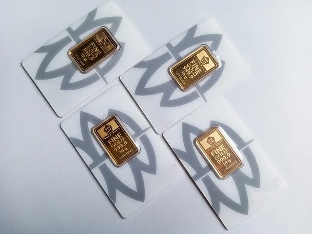 Deretan Emas Batangan Antam ukuran 10 gram. (Sumber: Logam Mulia Antam) Deretan Emas Batangan Antam ukuran 10 gram. (Sumber: Logam Mulia Antam)