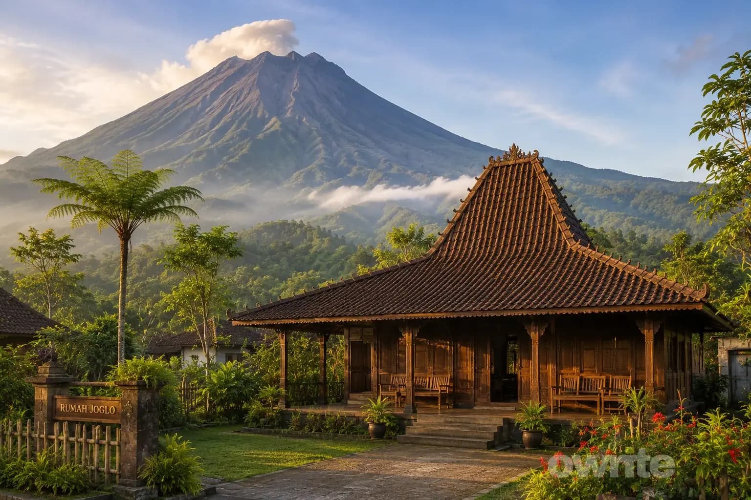 Ilustrasi rumah Joglo di lereng gunung. Ilustrasi rumah Joglo di lereng gunung.