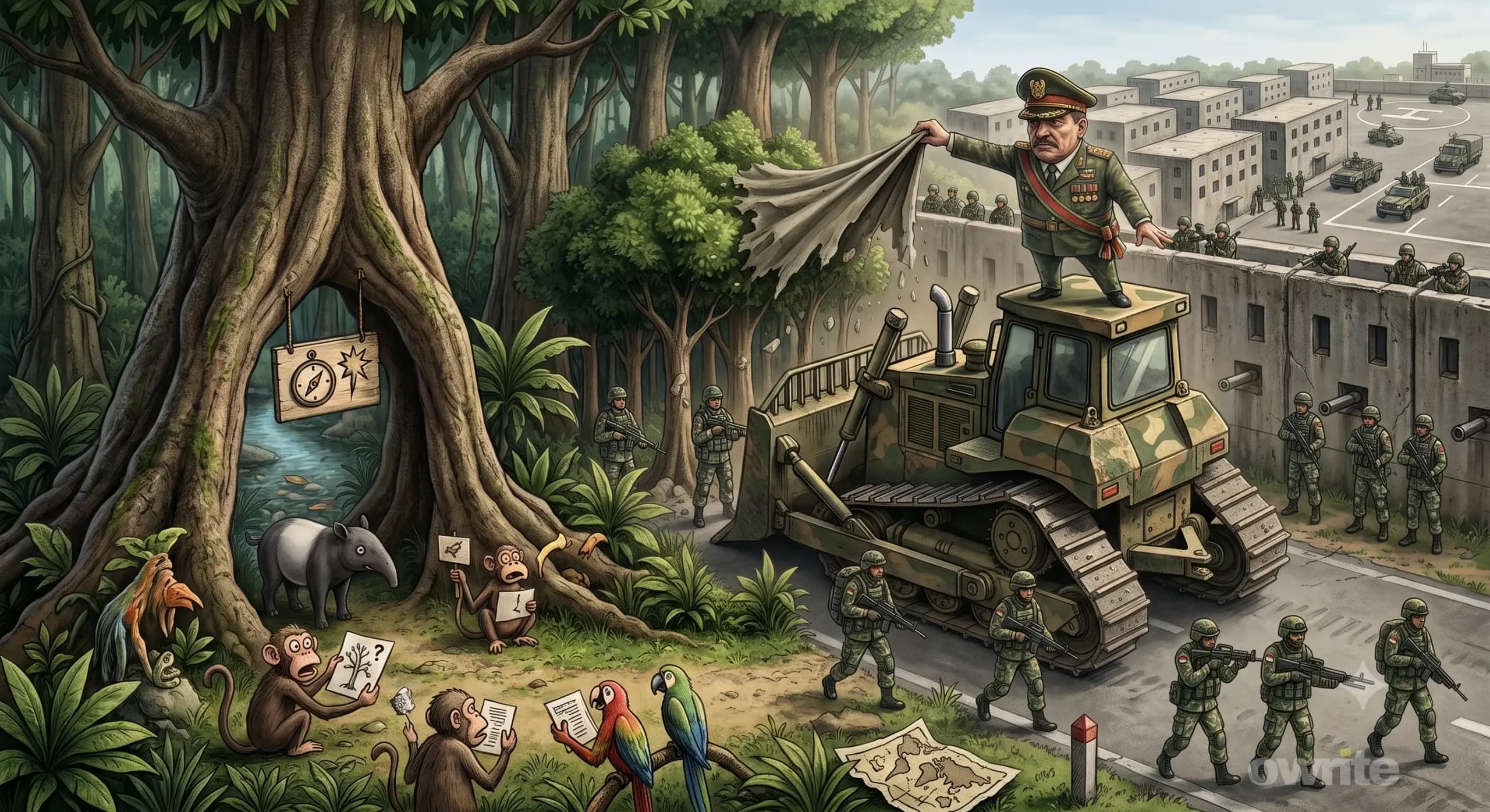 Ilustrasi pembangunan markas Batalyon Teritorial di hutan. Ilustrasi pembangunan markas Batalyon Teritorial di hutan.