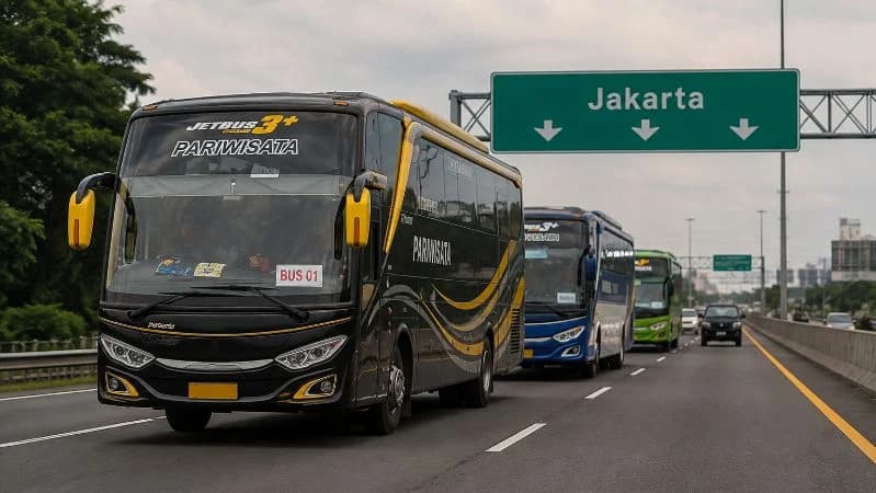 Ilustrasi bus di jalan tol. Ilustrasi bus di jalan tol.