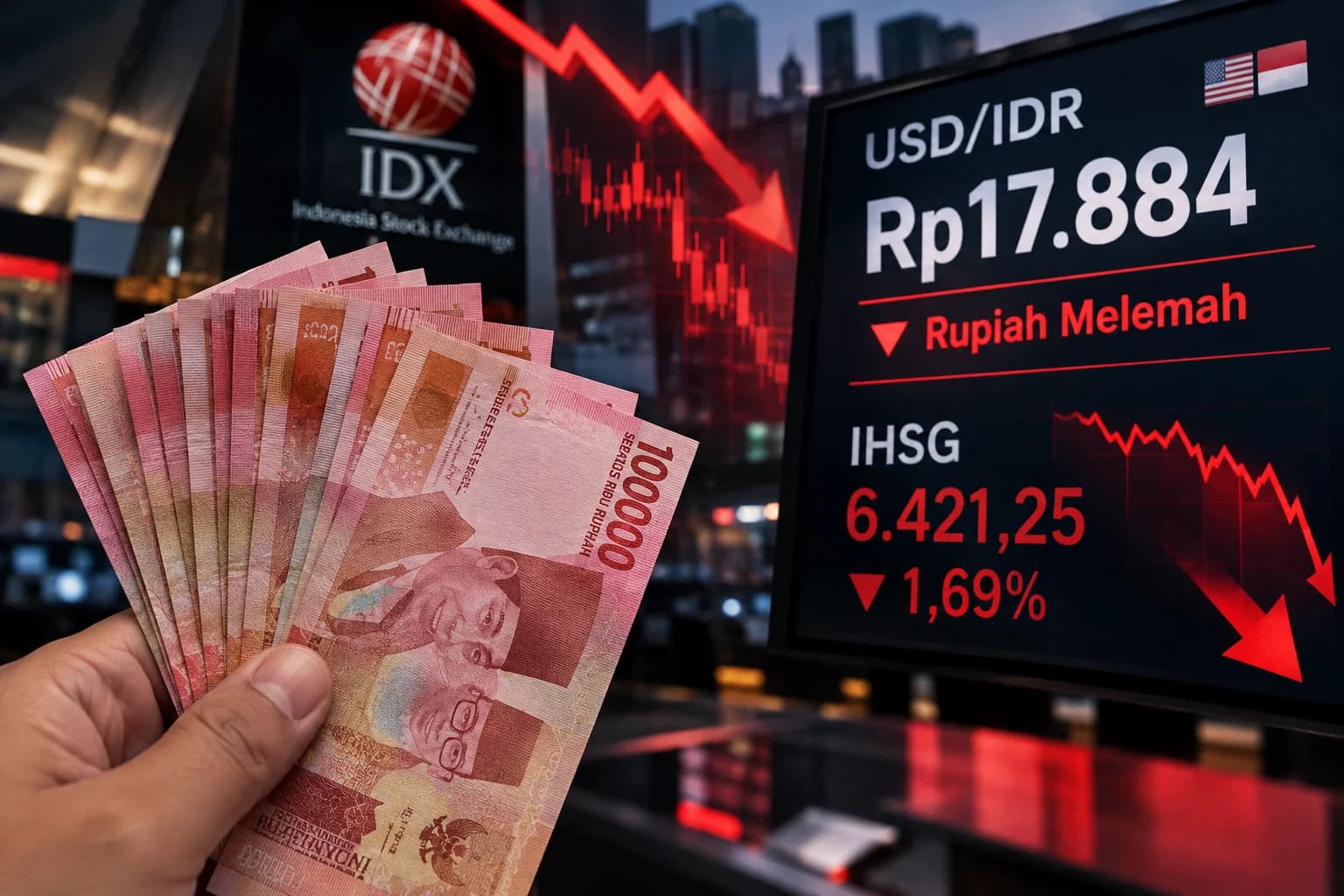 Rupiah dan IHSG kompak melemah pada 22 September 2026. (Sumber: Gambar dibuat AI) Rupiah dan IHSG kompak melemah pada 22 September 2026. (Sumber: Gambar dibuat AI)
