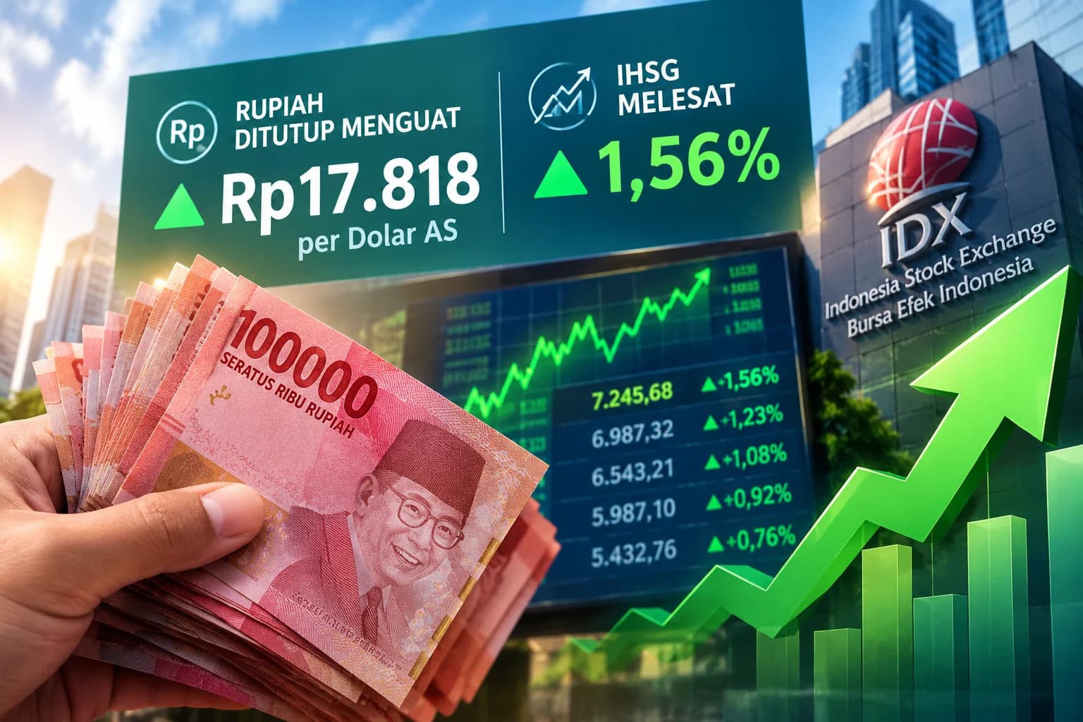 Rupiah dan IHSG kompak menguat di penutupan. (Sumber: Dibuat AI) Rupiah dan IHSG kompak menguat di penutupan. (Sumber: Dibuat AI)