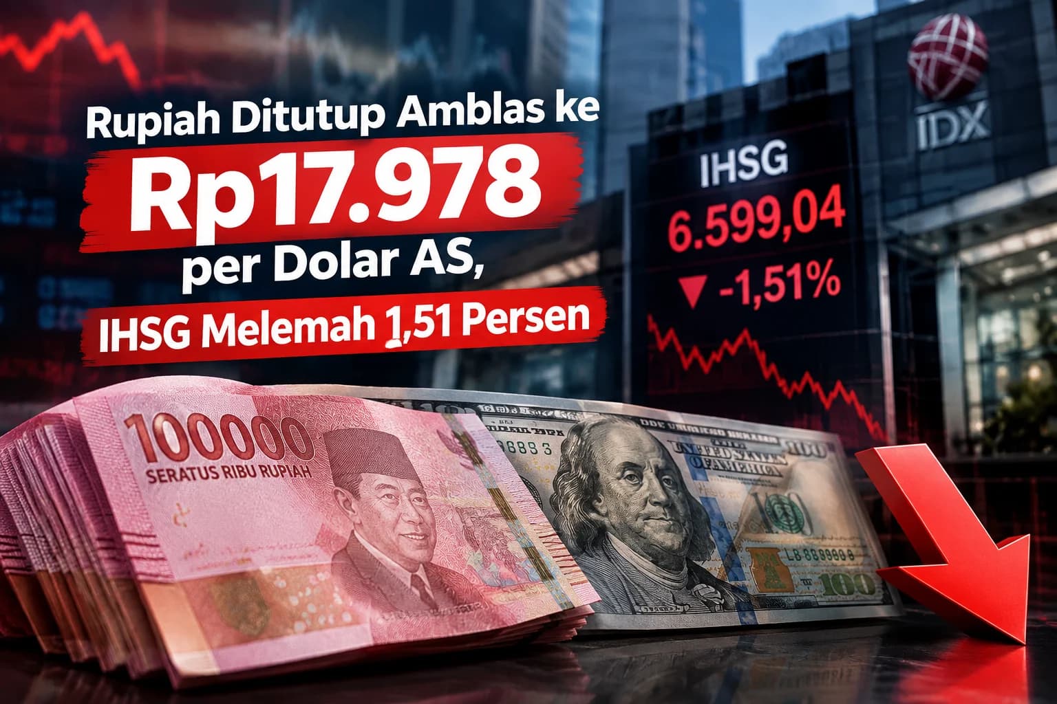 IHSG dan Rupiah kompak ditutup melemah Senin 28 September 2026. (Sumber: Dibuat AI) IHSG dan Rupiah kompak ditutup melemah Senin 28 September 2026. (Sumber: Dibuat AI)