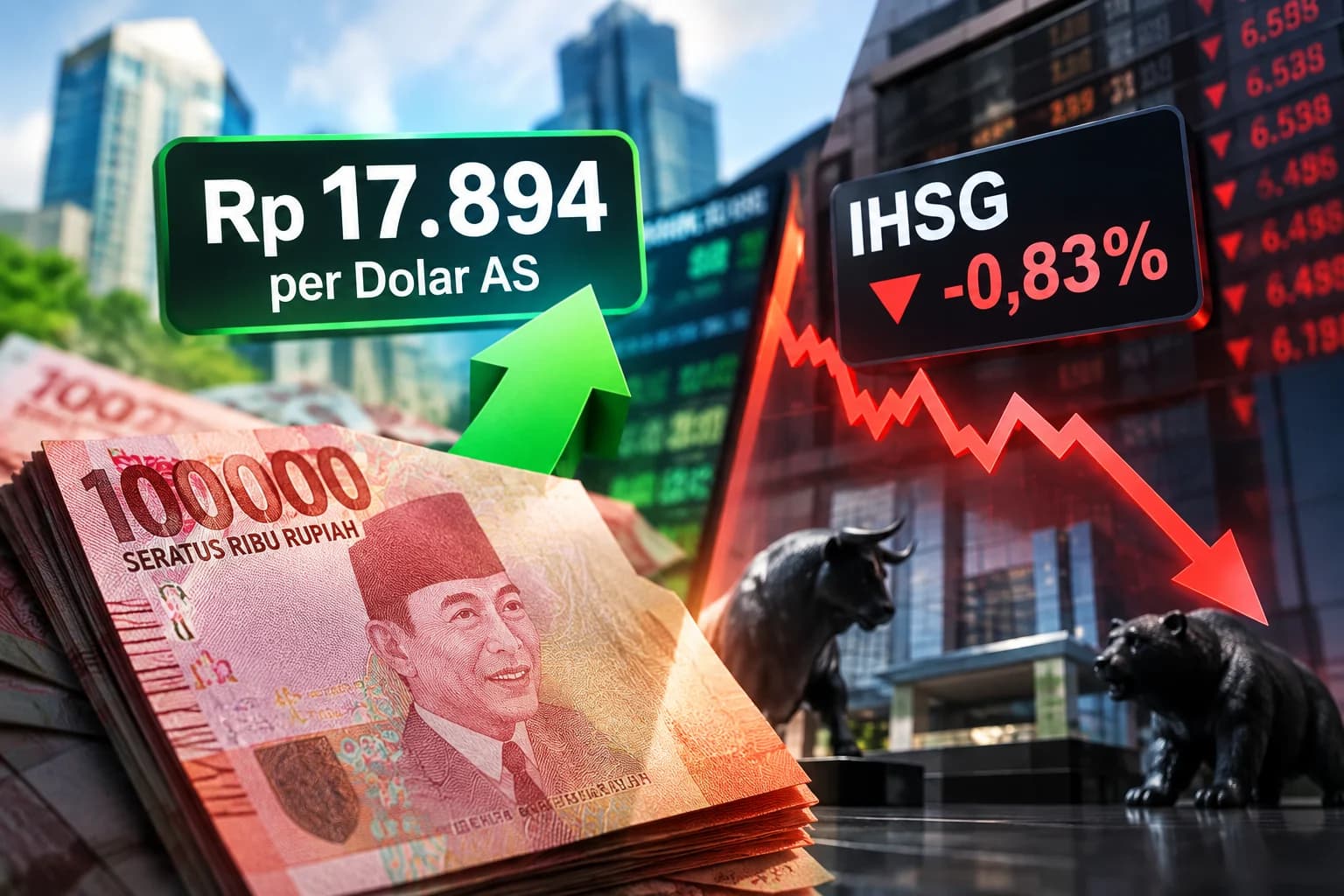 Rupiah menguat dan IHSG melemah di Penutupan 30 September 2026. (Sumber: Dibuat AI) Rupiah menguat dan IHSG melemah di Penutupan 30 September 2026. (Sumber: Dibuat AI)