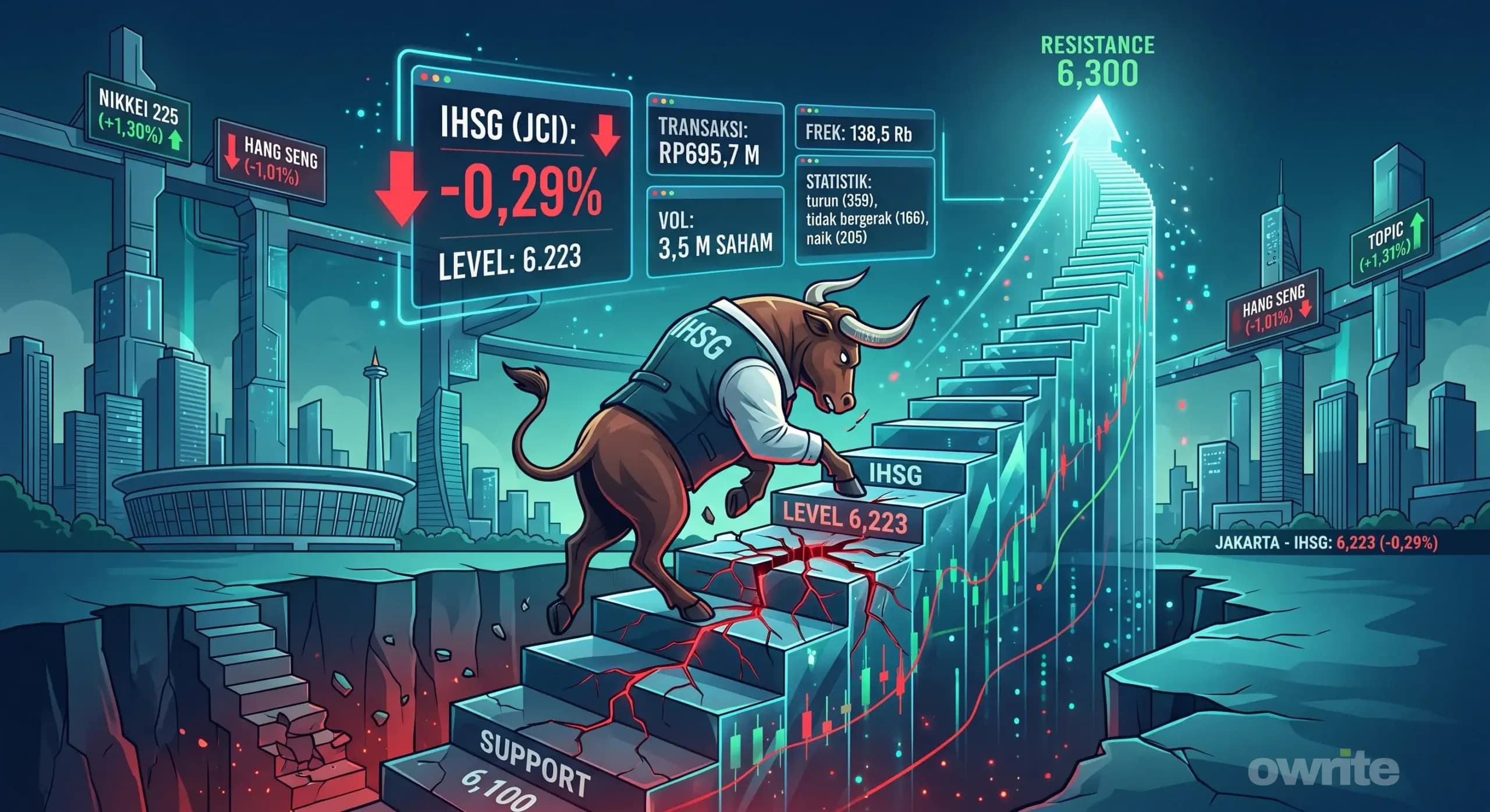 Ilustrasi IHSG merosot ke Level 6.223. Ilustrasi IHSG merosot ke Level 6.223.
