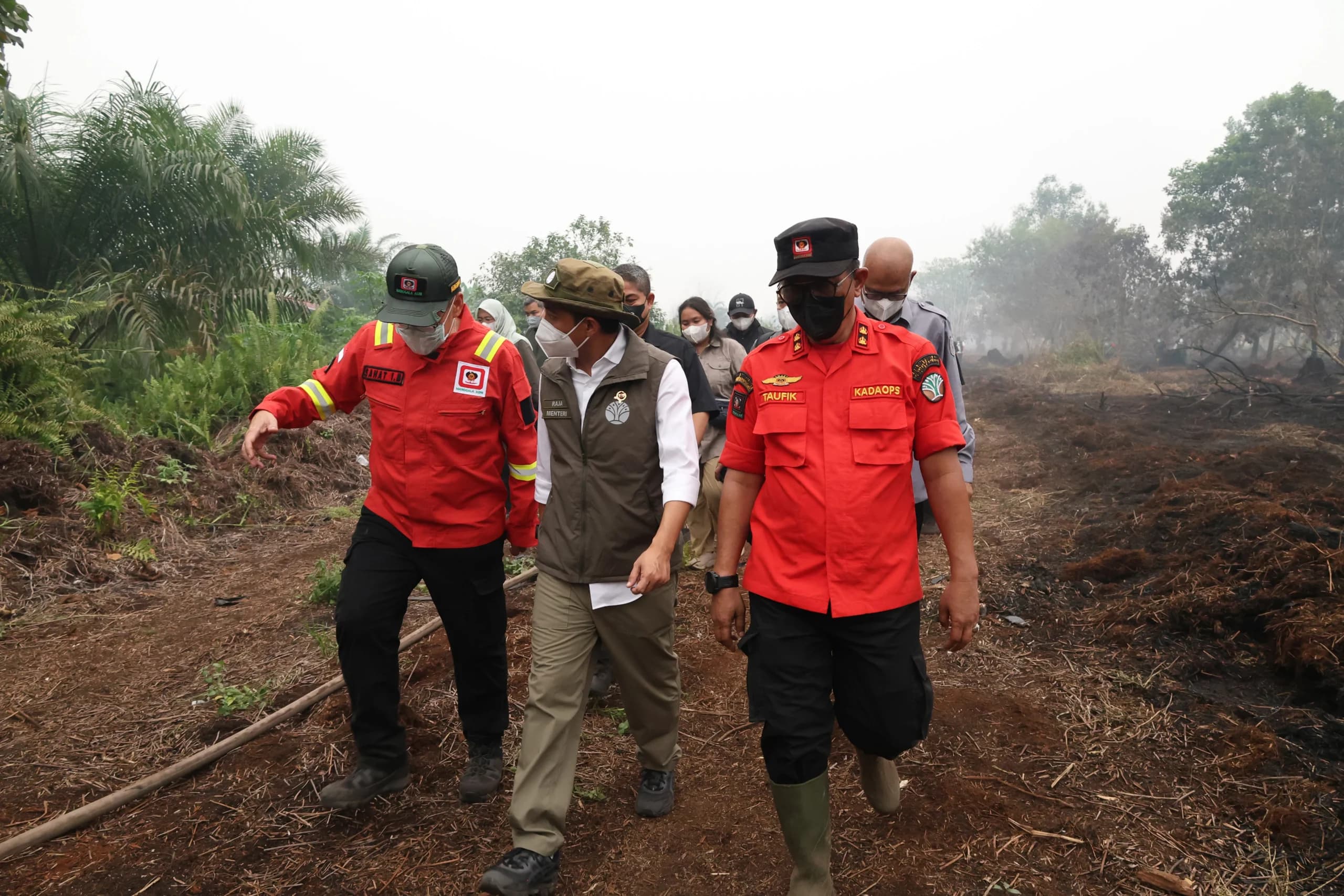 Menteri Kehutanan Raja Juli Antoni (tengah) didampingi Kadaops Manggala Agni Kalimantan VIII/Pontianak Taufik (kanan) dan Kepala Seksi Wilayah II Pontianak Balai Dalkarhut Kalimantan Sahat Irawan Manik (kiri) meninjau lokasi karhutla di Kuala Dua, Kabupaten Kubu Raya, Kalimantan Barat, Kamis (3/9/2026). Menteri Kehutanan Raja Juli Antoni (tengah) didampingi Kadaops Manggala Agni Kalimantan VIII/Pontianak Taufik (kanan) dan Kepala Seksi Wilayah II Pontianak Balai Dalkarhut Kalimantan Sahat Irawan Manik (kiri) meninjau lokasi karhutla di Kuala Dua, Kabupaten Kubu Raya, Kalimantan Barat, Kamis (3/9/2026).
