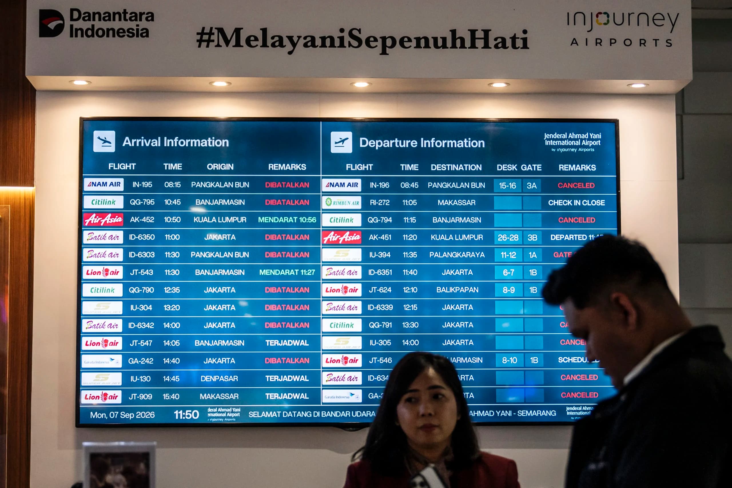 Petugas berada di dekat layar informasi jadwal kedatangan dan keberangkatan pesawat di Bandara Internasional Jenderal Ahmad Yani, Semarang, Jawa Tengah, Senin (7/9/2026). Petugas berada di dekat layar informasi jadwal kedatangan dan keberangkatan pesawat di Bandara Internasional Jenderal Ahmad Yani, Semarang, Jawa Tengah, Senin (7/9/2026).