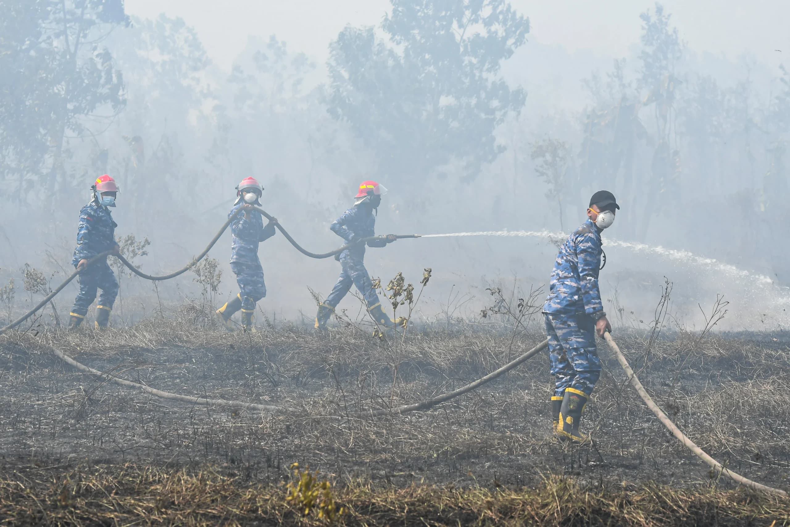 Prajurit TNI Angkatan Udara berupaya memadamkan kebakaran hutan dan lahan (Karhutla) di lahan gambut, Kota Banjar Baru, Kalimantan Selatan Prajurit TNI Angkatan Udara berupaya memadamkan kebakaran hutan dan lahan (Karhutla) di lahan gambut, Kota Banjar Baru, Kalimantan Selatan