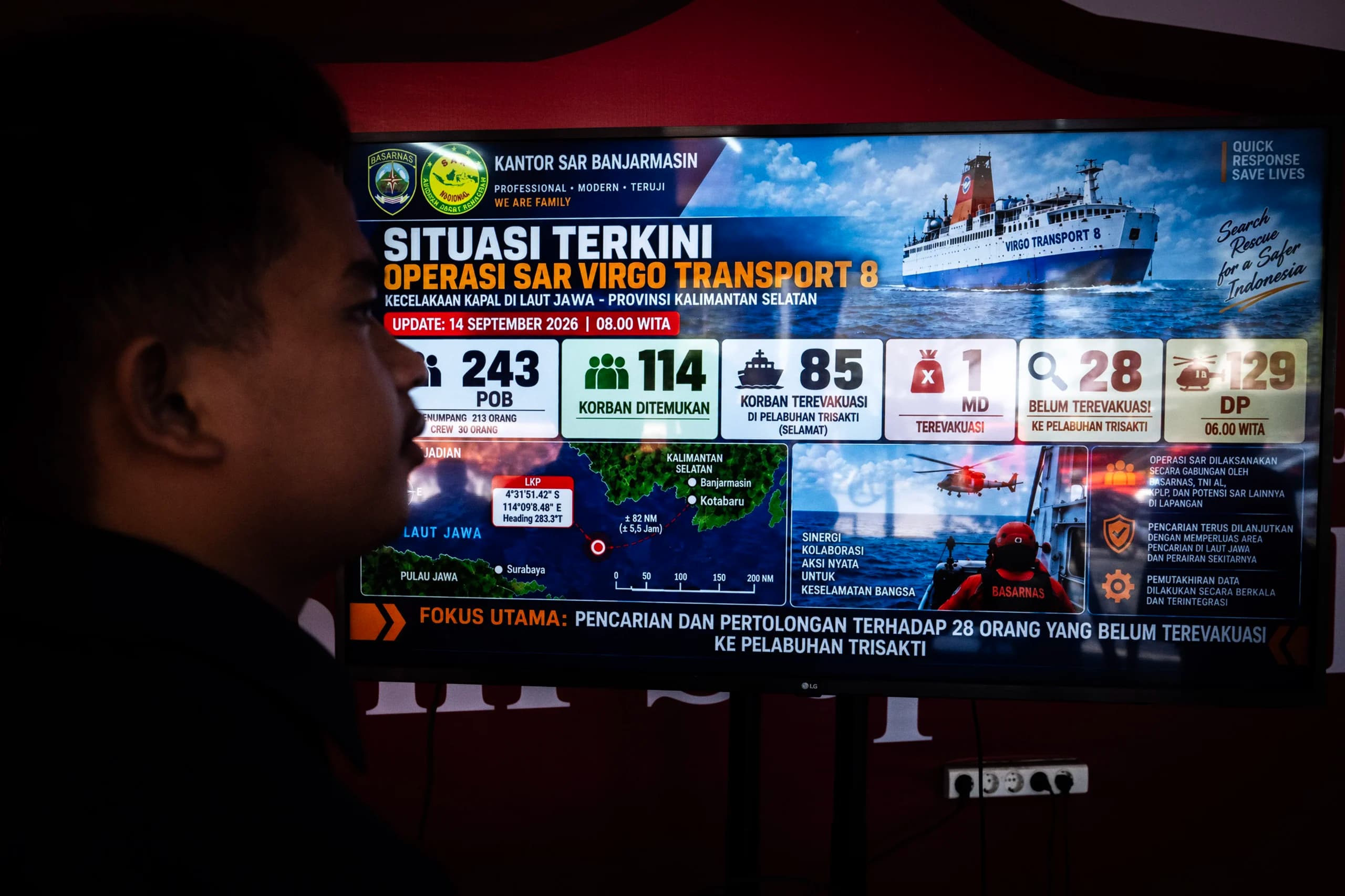 Warga melihat data update terkini operasi SAR Kapal Motor Penumpang (KMP) Virgo Transport 8 yang ditampilkan Basarnas di Posko Nasional Pelabuhan Tri Sakti, Banjarmasin, Kalimantan Selatan. (Sumber: Antara Foto/Bayu Pratama S/YU) Warga melihat data update terkini operasi SAR Kapal Motor Penumpang (KMP) Virgo Transport 8 yang ditampilkan Basarnas di Posko Nasional Pelabuhan Tri Sakti, Banjarmasin, Kalimantan Selatan. (Sumber: Antara Foto/Bayu Pratama S/YU)