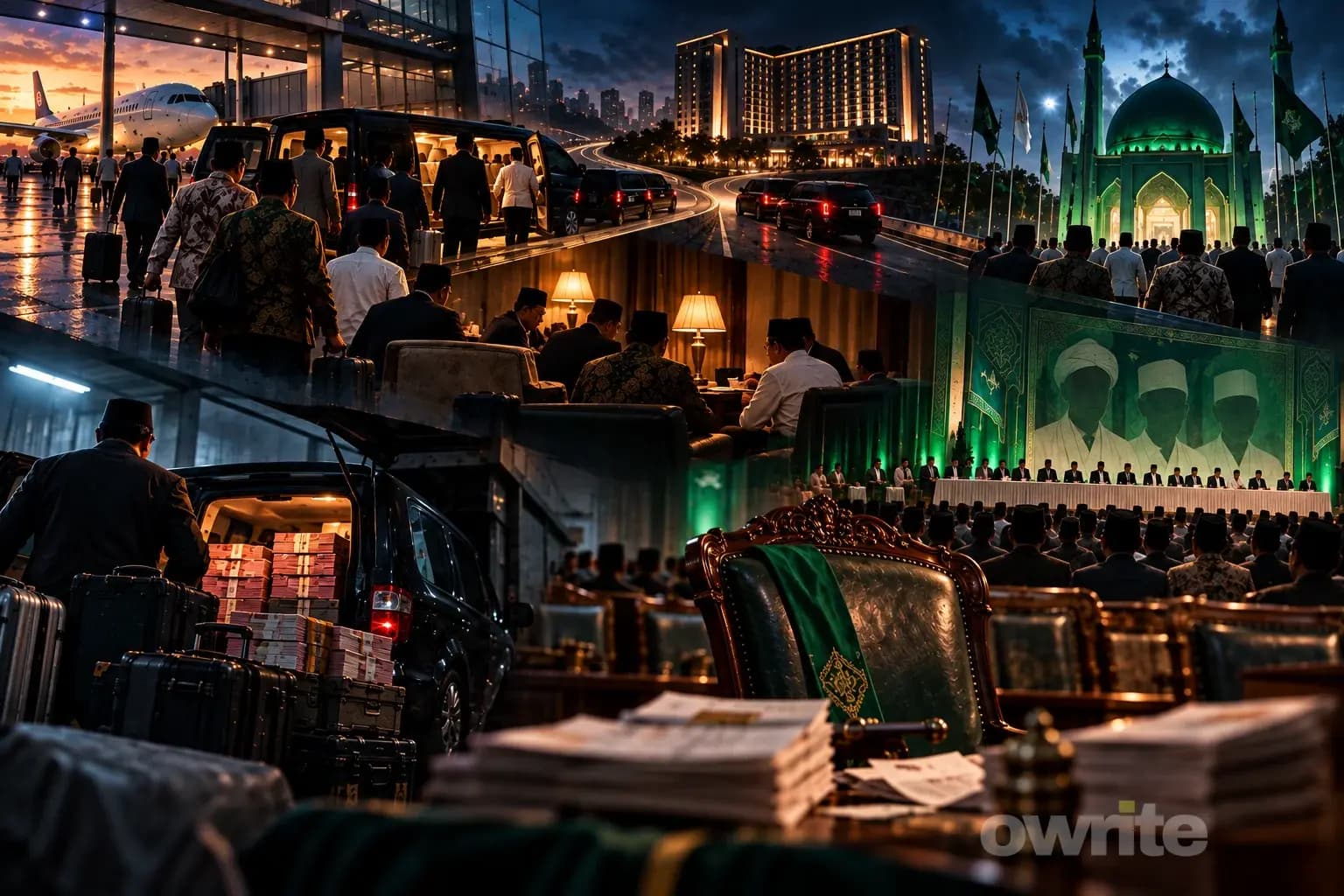 Kolase konferensi Islam, konvoi, dan intrik malam. Kolase konferensi Islam, konvoi, dan intrik malam.