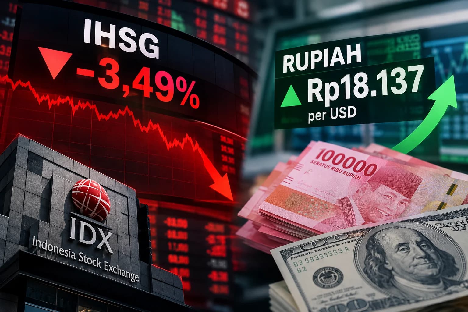 IHSG Ditutup Amblas 3,49 Persen, Rupiah Menguat Rp18.137 per Dolar AS. (Sumber: Dibuat AI) IHSG Ditutup Amblas 3,49 Persen, Rupiah Menguat Rp18.137 per Dolar AS. (Sumber: Dibuat AI)