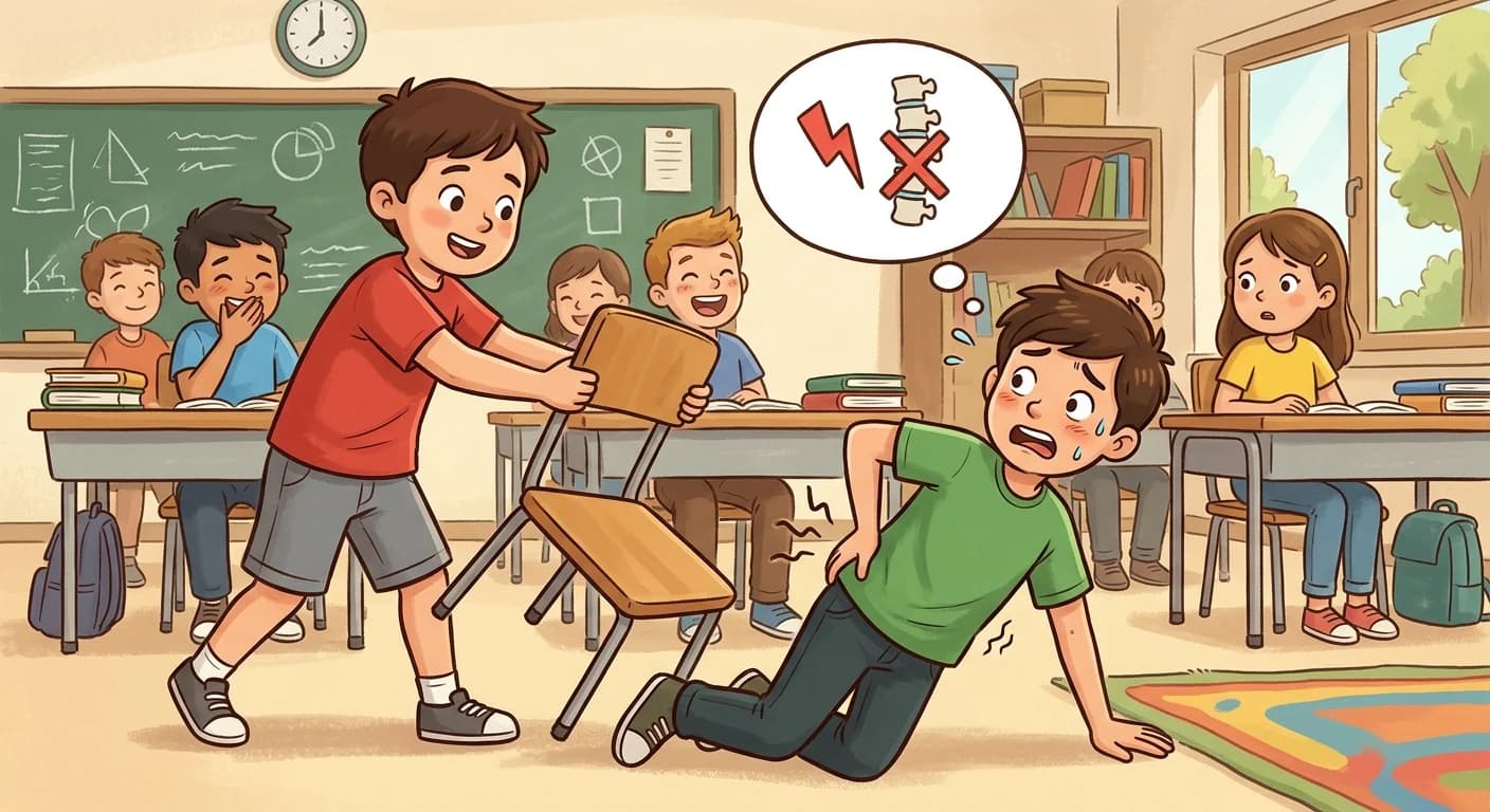 Ilustrasi candaan menarik kursi saat teman hendak duduk Ilustrasi candaan menarik kursi saat teman hendak duduk