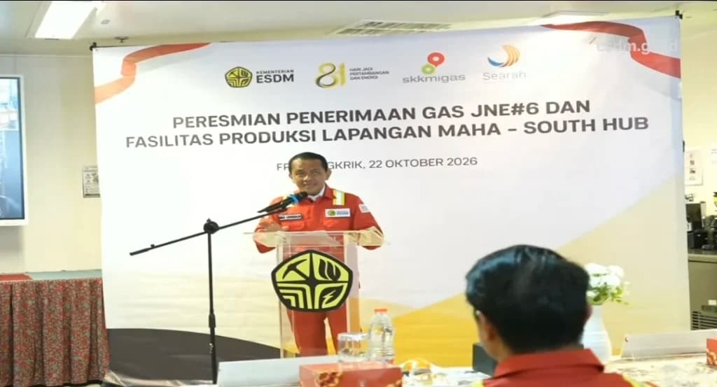 Bahlil saat peresmian penerimaan gas JNE#6 dan fasilitas produksi Lapangan Maha–South, Kamis, 22 Oktober 2026 (Sumber: Youtube Kementerian ESDM). Bahlil saat peresmian penerimaan gas JNE#6 dan fasilitas produksi Lapangan Maha–South, Kamis, 22 Oktober 2026 (Sumber: Youtube Kementerian ESDM).