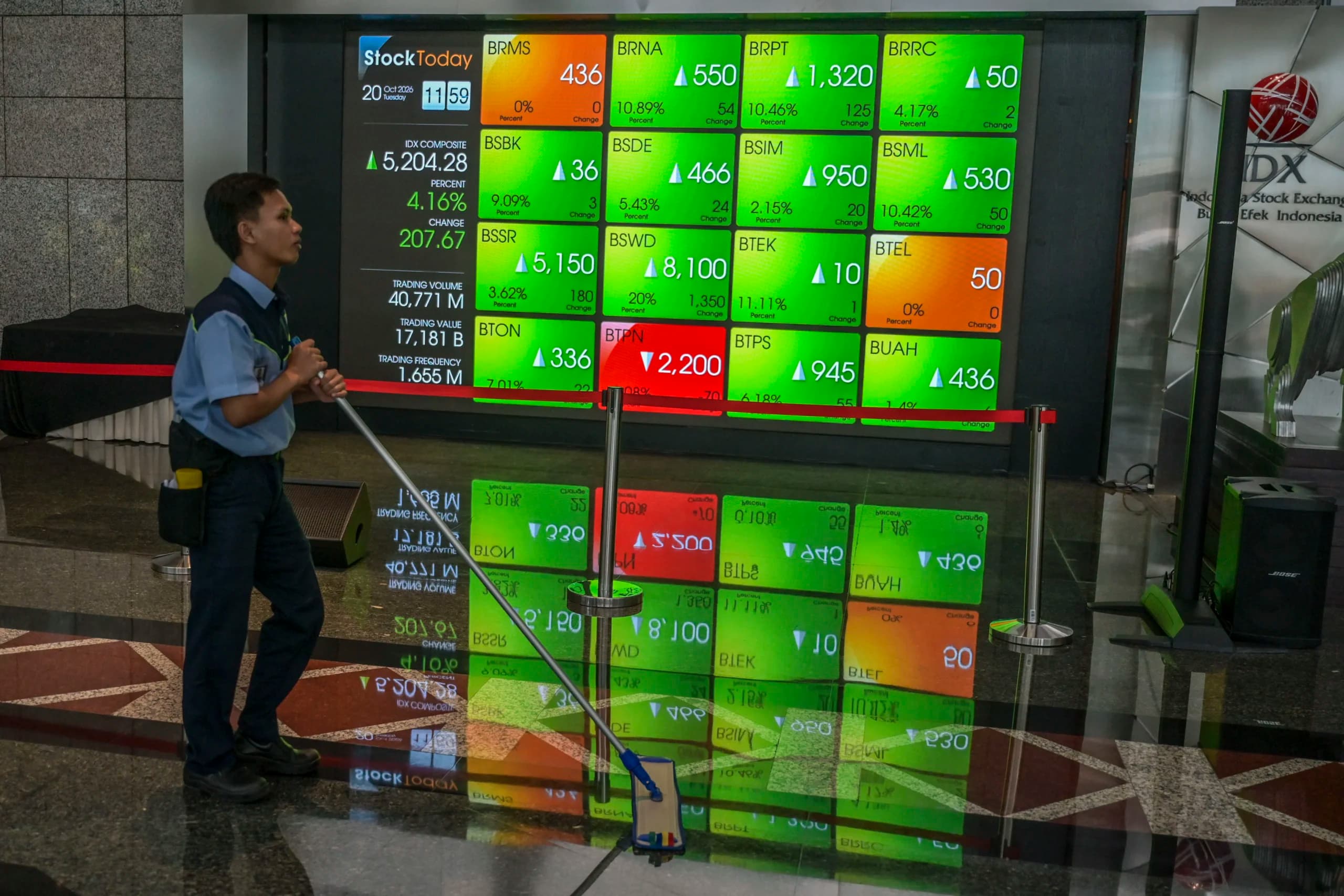 Petugas melintas di depan layar pergerakan Indeks Harga Saham Gabungan (IHSG) di Bursa Efek Indonesia, Jakarta, Selasa (20/10/2026). Petugas melintas di depan layar pergerakan Indeks Harga Saham Gabungan (IHSG) di Bursa Efek Indonesia, Jakarta, Selasa (20/10/2026).