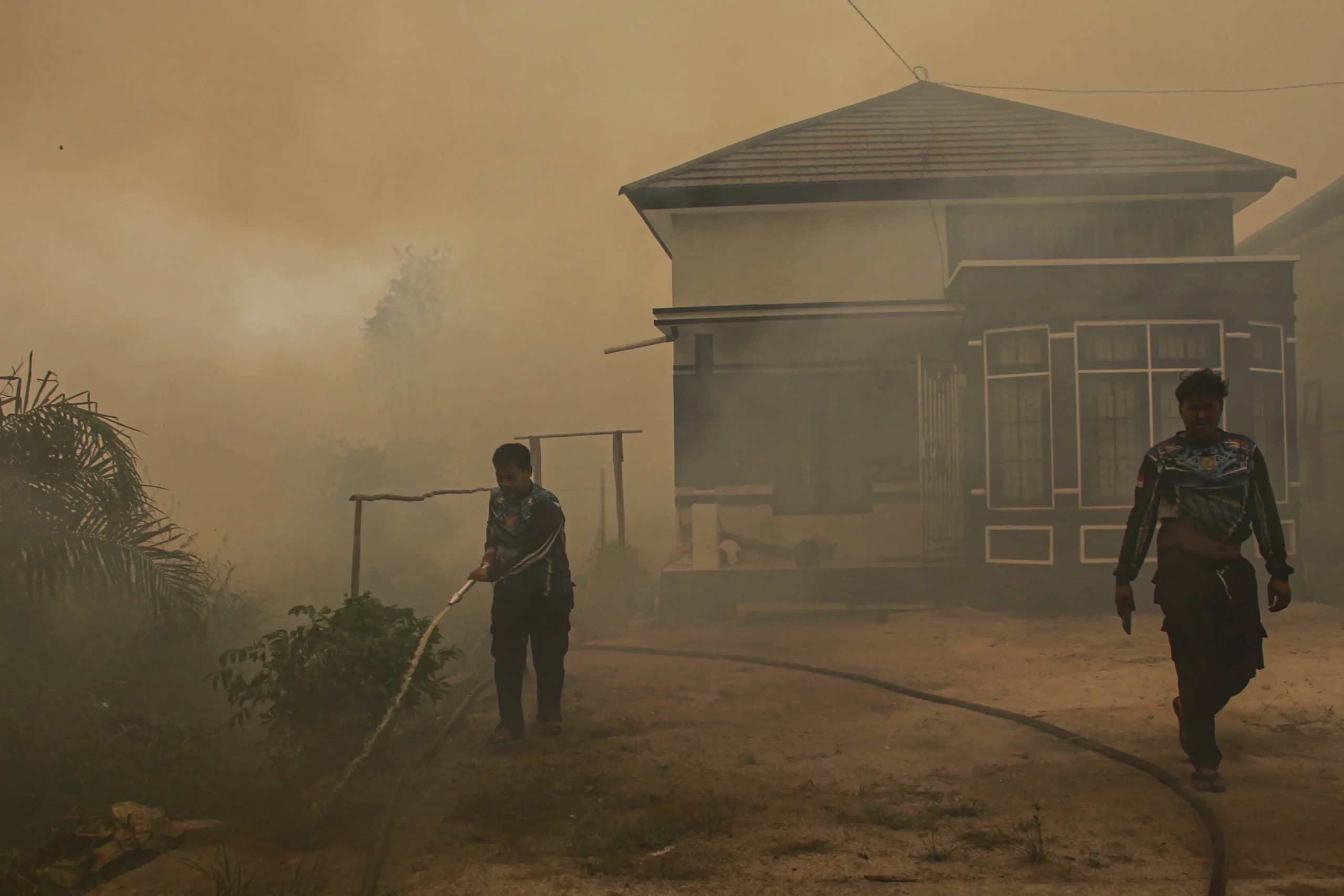 Petugas menarik selang saat memadamkan kebakaran lahan yang mendekati kawasan permukiman warga di Kecamatan Jekan Raya, Palangka Raya, Kalimantan Tengah, Jumat (9/10/2026). Petugas menarik selang saat memadamkan kebakaran lahan yang mendekati kawasan permukiman warga di Kecamatan Jekan Raya, Palangka Raya, Kalimantan Tengah, Jumat (9/10/2026).