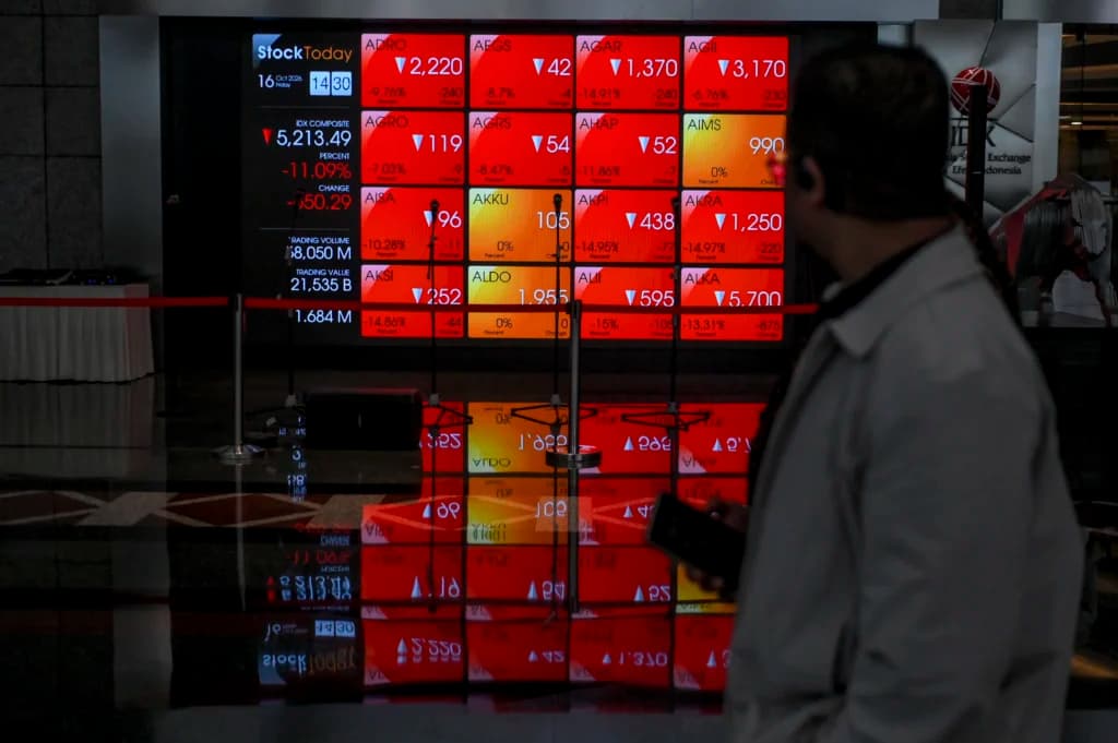 Layar menampilkan pergerakan Indeks Harga Saham Gabungan (IHSG) yang menurun di Bursa Efek Indonesia (BEI), Jakarta, Jumat (16/10/2026). (Sumber: Antara Foto/Hafidz Mubarak A/kye) Layar menampilkan pergerakan Indeks Harga Saham Gabungan (IHSG) yang menurun di Bursa Efek Indonesia (BEI), Jakarta, Jumat (16/10/2026). (Sumber: Antara Foto/Hafidz Mubarak A/kye)