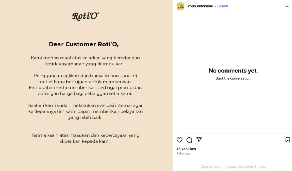Tangkapan gambar Permohonan maaaf managemen Roti O. (Sumber: Instagram @rotio.indonesia) Tangkapan gambar Permohonan maaaf managemen Roti O. (Sumber: Instagram @rotio.indonesia)