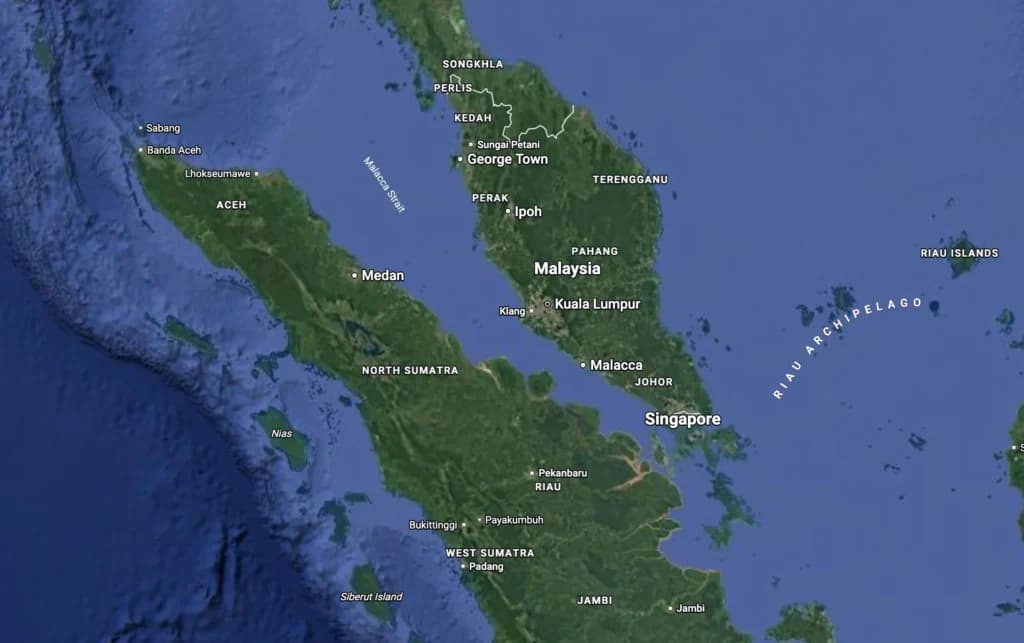 Selat Malaka yang menjadi jalur perdagangan strategis di dunia. (Sumber: Google Maps) Selat Malaka yang menjadi jalur perdagangan strategis di dunia. (Sumber: Google Maps)