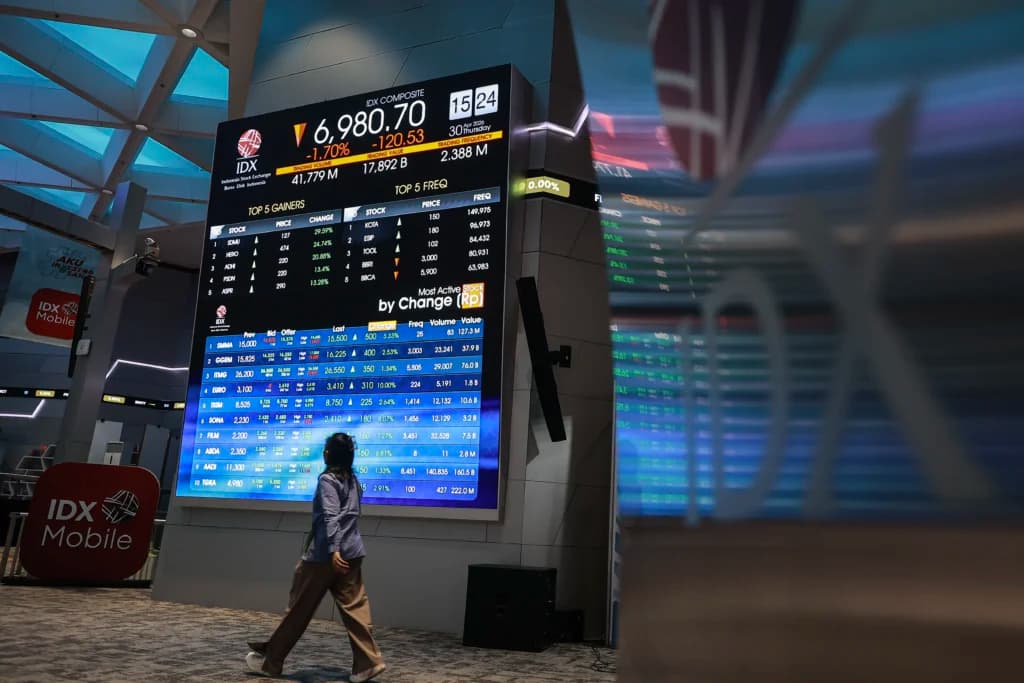 Pekerja berjalan di samping layar pergerakan Indeks Harga Saham Gabungan (IHSG) di Bursa Efek Indonesia (BEI), Jakarta. (Sumber: Antara Foto/Dhemas Reviyanto/sgd) Pekerja berjalan di samping layar pergerakan Indeks Harga Saham Gabungan (IHSG) di Bursa Efek Indonesia (BEI), Jakarta. (Sumber: Antara Foto/Dhemas Reviyanto/sgd)