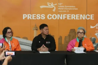 Ketua Umum Pengurus Besar Persatuan Senam Indonesia, Ita Yuliati Irawan, saat konferensi pers