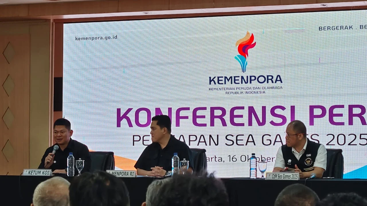 Erick Thohir saat konferensi pers soal SEA Games 2025
