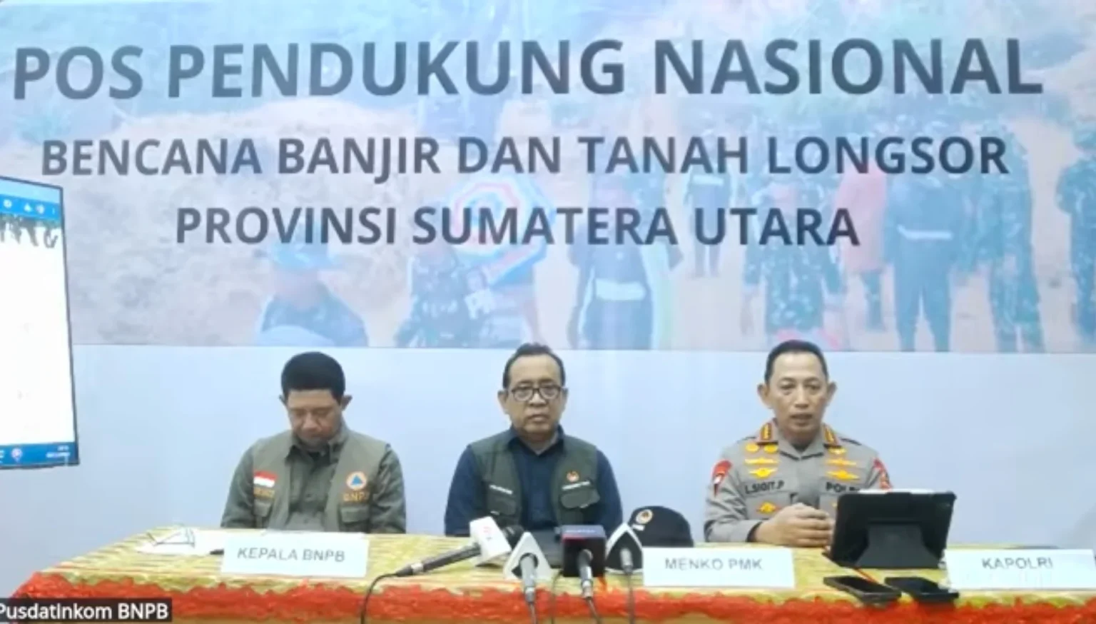 Kepala BNPB Letjen TNI Suharyanto, Menteri Koordinator Bidang Pembangunan Manusia dan Kebudayaan RI (Menko PMK) Pratikno, dan Kapolri Jenderal Listyo Sigit Prabowo