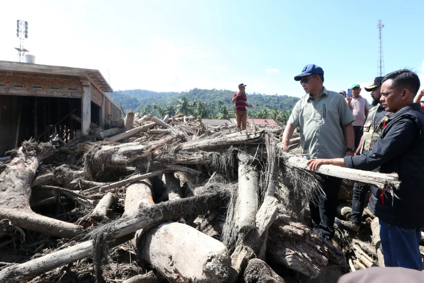 Menteri Dalam Negeri (Mendagri) Tito Karnavian (ketiga kanan) melihat tumpukan gelondongan kayu pascabencana banjir bandang di Lokop, Serbajadi, Aceh Timur, Aceh
