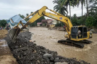 Ilustrasi Petugas Bina Marga Cipta Karya dan Tata Ruang Provinsi Sumatera Barat mengoperasikan eskavator untuk menimbum jalan
