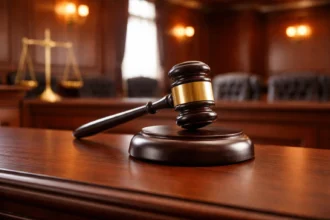 gambar ilustrasi palu hakim di meja sidang