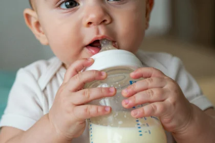 Ilustrasi anak bayi minum susu.
