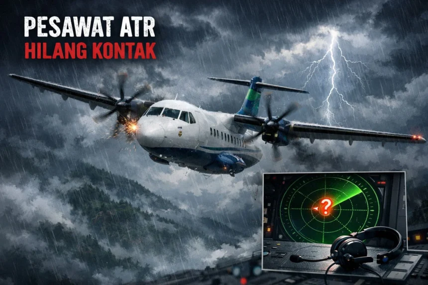 Ilustrasi pesawat ATR hilang kontak. (gambar dibuat oleh AI)