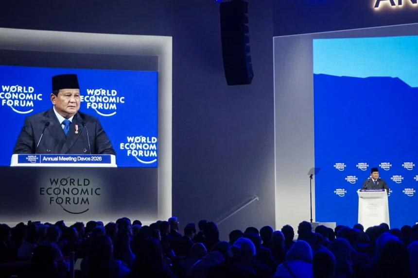 Presiden Prabowo Subianto menyampaikan pidato saat World Economic Forum (WEF) 2026 di Congress Hall, Davos, Swiss, Kamis (22/1/2026).